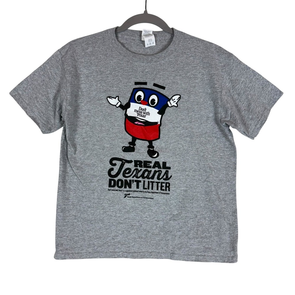 Gildan Shirt Kids L Gray Real Texans Don't Litter Graphic Tee Texas Double Sided